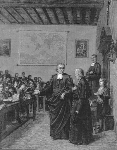 让-巴蒂斯特-德-拉萨尔（Jean-Baptiste De La Salle）1651-1719年，法国宗教家，基督教学校兄弟会的创始人，向德-拉切塔迪先生展示他的一所学校。19世纪末的雕版画。 作者 法语学校