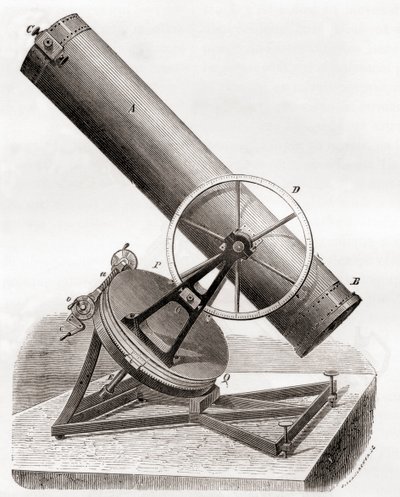 Jean Bernard Léon Foucault的赤道架上的镜面反射望远镜，根据19世纪的图纸绘制，出自《科学的奇迹》，约1870年出版（雕刻）。 作者 法语学校