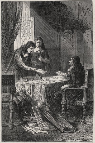 让-沙佩兰（1595-1674）法国诗人和文学评论家和皮埃尔-科斯塔（1603-1660）给让-巴蒂斯特-科尔贝尔（1619-1683）提供了一份值得国王给予养老金的作家名单--路易-小仲马的《法国名人录》中的刻版 18 作者 法语学校