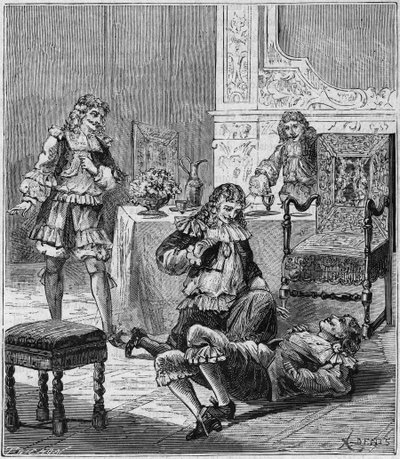 Jean de SANTEUL (Santeuil)(1630-1697)用一杯放有西班牙烟草的酒作毒药 - Alexis Clerc的 "人人可用的科学--物理学和化学 "中的版画 - 19世纪末 - 私人收藏 作者 法语学校