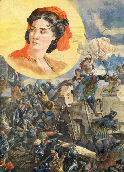贞德-莱恩(1456-?)，又名贞德-福凯，绰号贞德-哈谢特，法国女英雄--1472年博韦围城时的贞德-哈谢特--1894年1月8日《小报》的插图。 作者 法语学校