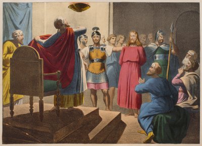 Caiaphas之前的耶稣基督，来自教理问答LHistoire Sainte的插图，由Charles Delagrave，巴黎出版，19世纪末期 作者 法语学校