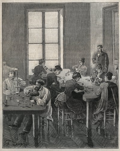 Jewelry workshop in Paris in the 19th century. Engraving from 1885 in “” Les arts et metiers illustres”” by Adolphe BITARD. 作者 法语学校