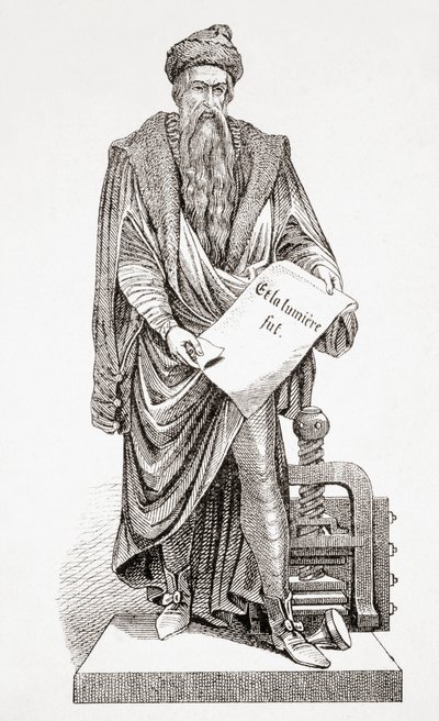 约翰内斯·古腾堡 (Johannes Gutenberg)，出自古代和现代世界史，1860 年在斯特拉斯堡出版（版画） 作者 法语学校