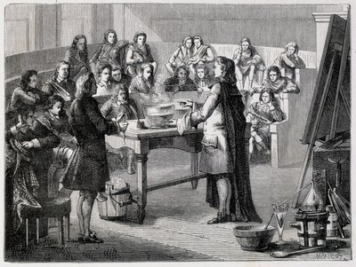 约瑟夫-布莱克（1728 - 1799），英国化学家和物理学家，在格拉斯哥大学的学生面前体验潜伏的热量 作者 法语学校