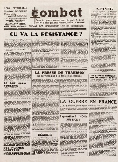 Journal COMBAT - 第54期 - 1944年2月 - 统一抵抗运动的机关报。(秘密报纸) - 抵抗运动将走向何方 作者 法语学校