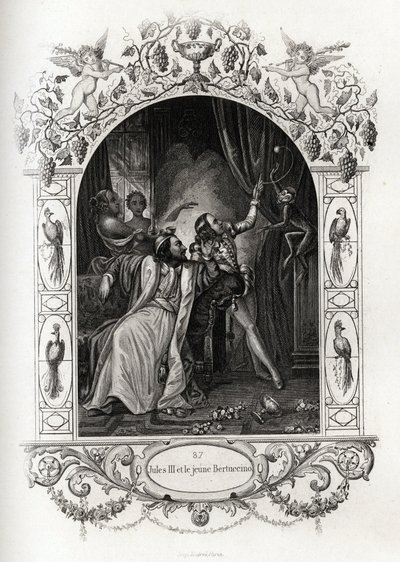 Julius III (julius or Iulius or Giulio) (pope from 1550 to 1555) and the young Bertuccino, the monkey show. Engraving to illustrate Histoire des popes by Maurice Lachatre (1814-1900), librairie du progres, Paris. 作者 法语学校