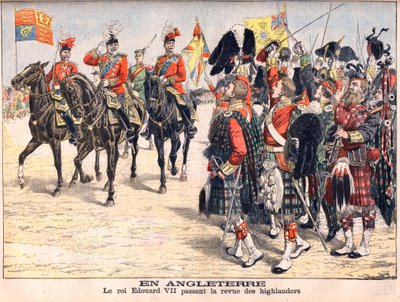 国王爱德华七世检阅高地部队。在英国。国王爱德华七世（1841-1910）通过检阅高地部队。1905年10月8日《小报》的插图。 作者 法语学校