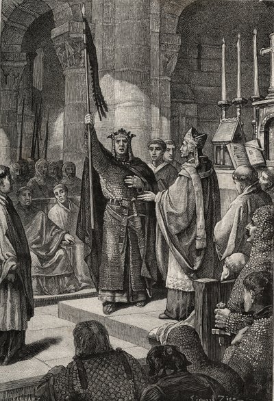 King Louis VII (1120-1180) takes the oriflame at the Basilica of Saint Denis (Saint Denis) in the presence of Queen Alienor of Aquitaine and receives the bumblebee and pannetiere of the pelerin from the hands of Pope Eugene III (? -1153) before his departu 作者 法语学校