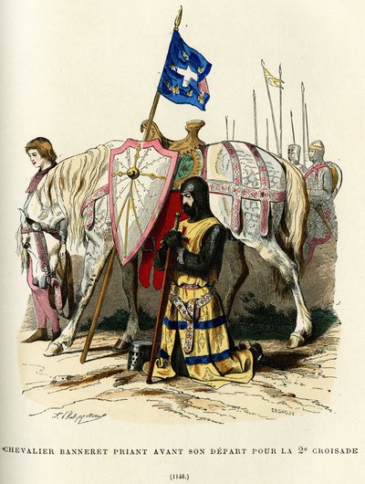 Banneret骑士（贵族头衔，有权佩戴旗帜）在第二次十字军东征（1147-1149 年）出发前祈祷。彩色版画，载于奥古斯丁-查拉梅尔（Augustin Challamel）编著的《法国和法国人穿越世纪》（France et les francais a travers les siecles），F.Roy 编辑，巴黎，1882 年。 作者 French School