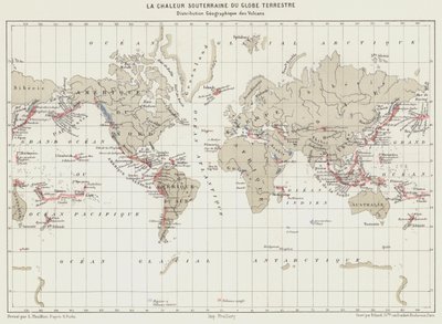 地球的地下热量，火山的地理分布（彩色石版画） 作者 法语学校