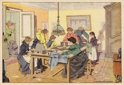 La Couturiere, The Couturier (彩色石版画) 作者 法语学校