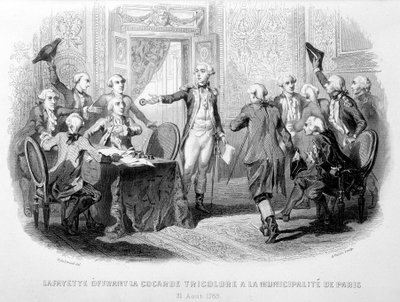 拉法耶特（Lafayette）向巴黎市政府提供Cocard Tricolore（1789年8月31日）--在 "Fastes de Gardes nationales de France"。 作者 法语学校