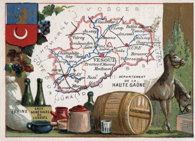 La Haute-Saone（Haute Saone，70），Franche Comte（弗朗什-孔特），法国。面粉、Luxeuil Minerales、kirschwasser（基尔希）。关于法国各省的系列。彩色石版画（Chromo）"地理线"，约1920年。私人收藏。 作者 法语学校