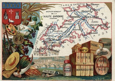 La Haute Garonne（上加龙省，31），Midi-Pyrenees（中比利牛斯省），法国。当地特产：铅、橙花、浆糊、皮革和皮革制品、烟草、核桃油、焦油和松露。关于法国各省的系列报道。铬平版印刷（Chromo）"t 作者 法语学校