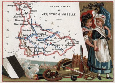 La Meurthe et Moselle (Meurthe-Et-Moselle, 54), Lorraine, France.两位革命妇女的肖像。关于法国各省的系列。彩色石版画（Chromo）"地理线"，约1920年。私人收藏。 作者 法语学校