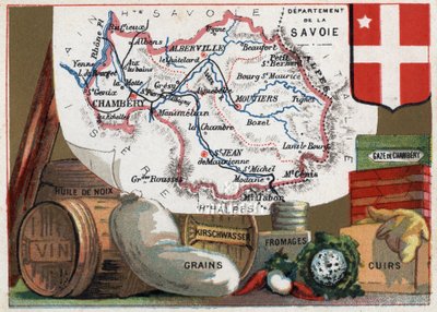La Savoie (73), Rhone Alpes (Rhone-Alpes), 法国。法国各省系列。当地特产：核桃油、葡萄酒、谷物、Kirschwasser（基尔希酒）、奶酪、 chambery纱布和皮革。彩色石版画（Chromo）"地理线"，约1920年。P 作者 法语学校