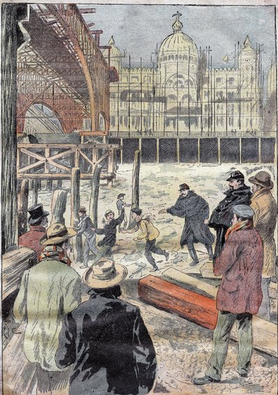 1899年冬，塞纳河边，为万国博览会建造的铁桥附近，荣军院桥旁。1899年12月31日 "Le Pelerin "杂志上的版画。 作者 法语学校