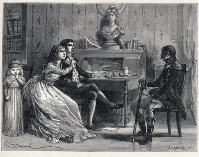 法国大革命期间的La Terreur。被监禁的卡米尔-德穆兰（1760-1794）接待了他的妻子露西尔（1770-1794）和马歇尔-吉约姆-布鲁内（1763-1815）的来访。 作者 法语学校