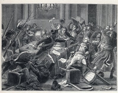 法国大革命期间的La Terreur：马克西米利安-德-罗伯斯庇尔（1758-1794）和他的支持者于9日Thermidor第二年（1794年7月27日）在巴黎维尔酒店团聚时被捕。在中央，一名宪兵用手枪向罗伯斯庇尔（1758-1794）开枪。 作者 法语学校