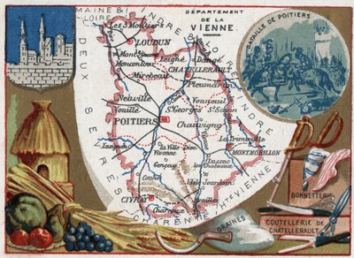 La Vienne (86), Poitou-Charentes (Poitou Charentes), France. Seeds, Chatellerault cutlery and hosiery. Series on the French Departments. Chromolithography (Chromo) “” the geographic thread””, circa 1920. Private collection. 作者 法语学校