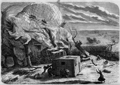1863年，"Le Geant "气球在汉诺威平原坠落，气球上有：Jules和Louis Godard，Felix Nadar，他的妻子，Fernand Montgolfier和Thirion。航天员们试图营救被压在篮子下面的纳达尔夫人。雕刻在《世界图片报》上的作品 作者 法语学校