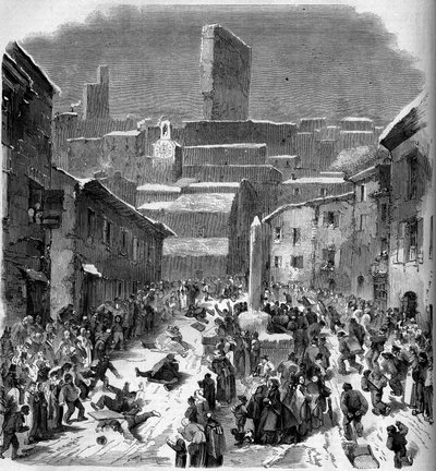La glissade en barriots (sledding) à Bourdeaux, Drome (26), winter 1860.1860年2月18日《世界画报》第149期上的版画。 作者 法语学校