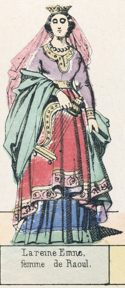 拉乌尔 (Raoul) 的妻子埃姆尼 (Emne) 女王 (彩色版画) 作者 法语学校