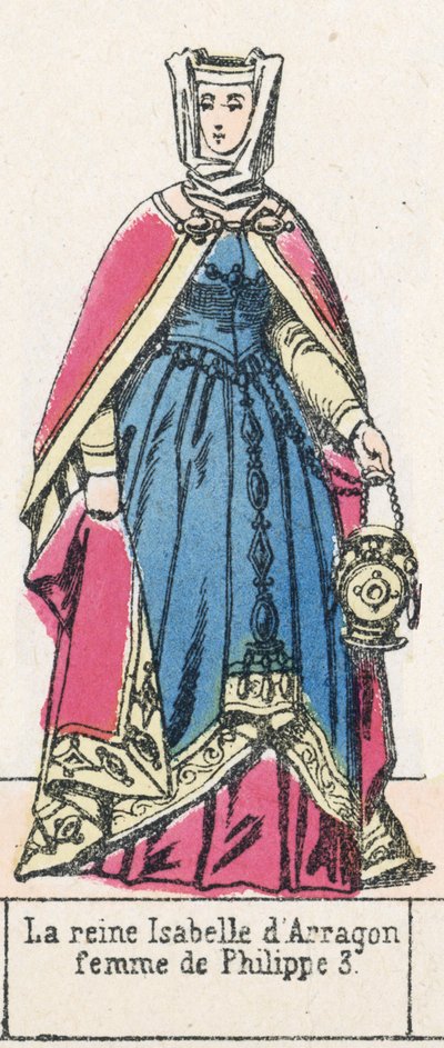 阿拉贡的伊莎贝拉女王，腓力三世的妻子（彩色版画）。 作者 法语学校