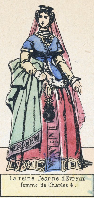 查尔斯四世的妻子让娜-德-埃夫勒王后（彩色版画 作者 法语学校