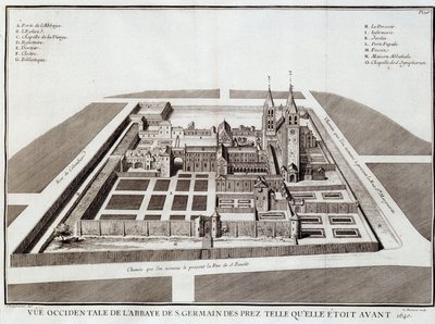 1640 年之前的圣日耳曼修道院 - 在 Dom Jacques Bouillart 编着的“”St Germain des Pres 修道院的历史”中。 杜普伊斯, 巴黎 作者 法语学校