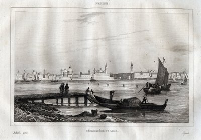 威尼斯丽都的登陆台--来自M. de Norvins, Ch. Nodier 1834-1836的 "意大利风景画 "的雕刻。 作者 法语学校