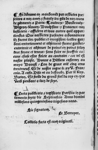 Villers-Cotterets条例的最后一页，1539（印刷纸） 作者 法语学校