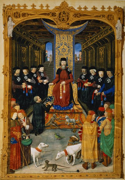 Lat 6067 f.3v作者将他的书献给了耶路撒冷圣约翰大师皮埃尔·阿杜松，来自罗德斯围城的历史，由纪尧姆·卡辛撰写，1483年 作者 法语学校