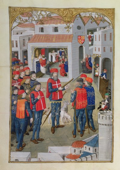 Lat 6067 fol.33v耶路撒冷圣约翰骑士准备捍卫罗德斯，由罗德斯围攻历史，Guillaume Caoursin，1483年 作者 法语学校