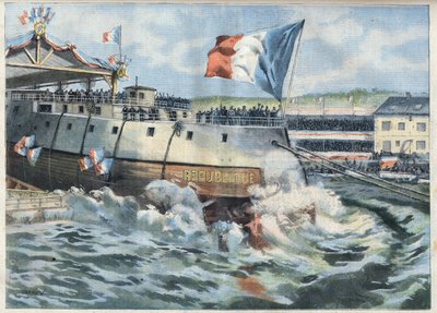 法国布雷斯特的 "共和国 "号飞船下水。刊登在 "巴黎石油 "上的雕刻作品 作者 法语学校