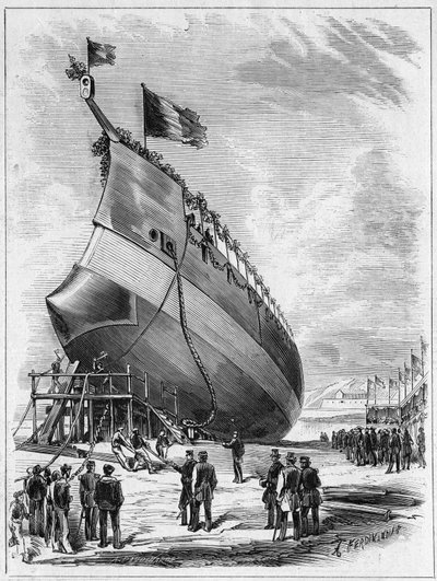 1872年5月7日，"La Galissonniere "号装甲舰在菲尼斯特的布雷斯特港下水（29）。1872年5月25日《世界画报》第789期的版画。 作者 法语学校