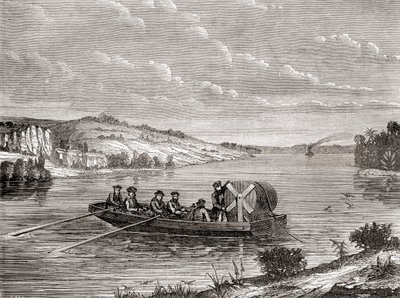 1860 年在美国河流下铺设电报电缆，来自 Les Merveilles de la Science，1870 年出版（版画） 作者 法语学校