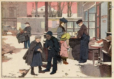 Le Marchand De Marrons, The Chestnut Seller (彩色石版画) 作者 法语学校