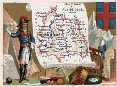 法国奥弗涅省Le Puy Du Dome（Puy-Du-Dome，63）。路易-查尔斯-安托万-德赛（1768-1800）的肖像，餐具，葡萄酒，杏子酱。关于法国各省的系列。彩色石版画（Chromo）"地理线"，约1920年。私人收藏 作者 法语学校