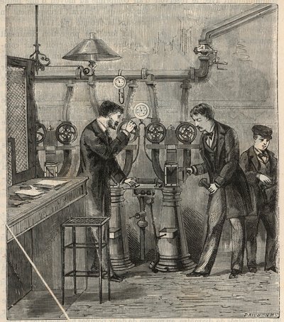 Le bureau de la poste pneumatique à Paris - 巴黎的气动邮件 - Alexis Clerc的 "Sciences mises à la range de tous - physics et chimie populaires "中的版画 - 19世纪末 - 私人收藏 作者 法语学校