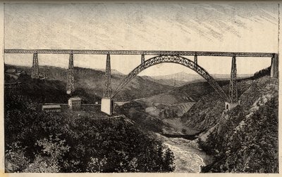 Le viaduct de Garabit - Cantal - Auvergne-Rhone-Alpes - "PATRIE "的雕刻 - DESCRIPTION PACUREQUIREQUE DE LA FRANCE EN 6 VOLU BY LUCIEN HUARD - 19世纪末 作者 法语学校