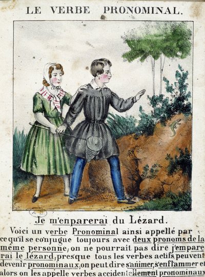 Lecon关于主语动词。载于 "La grammaire en images"，传单专辑，约1850年。 作者 法语学校