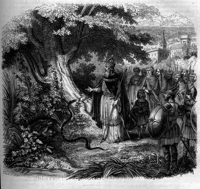 查理曼和蛇的传说：皇帝在蛤蟆占据的蛇巢前。1852年的雕版画。 作者 法语学校