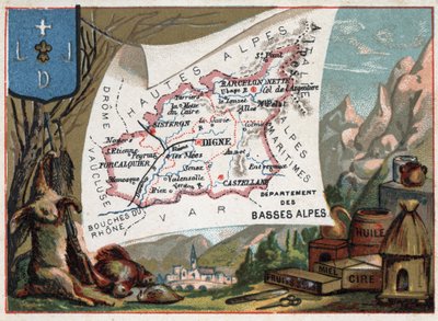 法国上普罗旺斯阿尔卑斯省(Alpes-de-Haute-Provence 04)的今天，Les Basse Alpes(Basse-Alpes)。当地特产：狩猎、蜡、蜂蜜、干果和油。关于法国各省的系列报道。铬平版印刷（Chromo）"的地理学 作者 法语学校