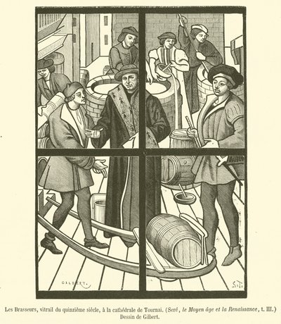 Les Brasseurs，十五世纪的彩色玻璃窗，位于图尔奈大教堂（雕刻） 作者 法语学校