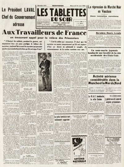 Les Tablets du soir du 24/06/1942 - LAVAL政府首脑向法国工人发出呼吁，要求恢复沃克鲁斯的市场秩序。 作者 法语学校