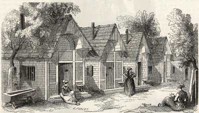 Salpetriere的小木屋，为激动人心的追随者服务--Edmond Texier 1852年在 "Tableau-de-Paris "的版画。 作者 法语学校