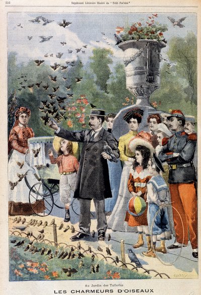 杜乐丽花园中的赏鸟人 - 在“Le Petit Parisien”中，从 1901 年 7 月 21 日开始（雕刻） 作者 法语学校