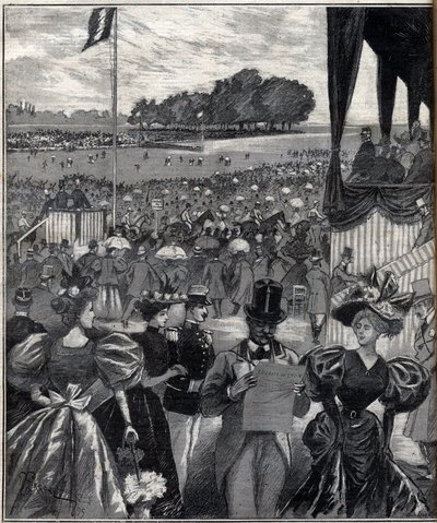 里昂的赛马场--在大奖赛之后--1895年 "Le Progres illustrious "中的版画 作者 法语学校